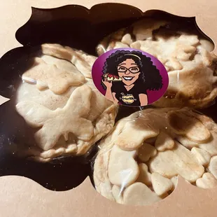 a pie with a sticker on it