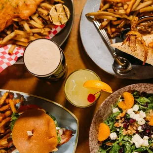 a table full of food and drinks