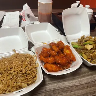 42. Chow Mein,  orange chicken , 37. Pad See Ew boba and coke to drink
