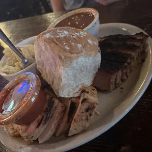 Turkey with brisket. Potato salad with beans.