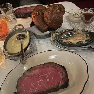 Queen cut prime rib  Creamed spinach  Bread pudding  Mashed potatoes