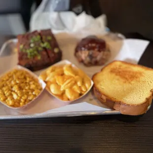 2 Meat 3 Sides Combo; sides: Mac &amp; cheese, street corn, Texas toast