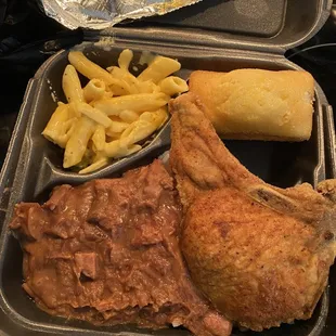 Red Bean Plate with a pork chop, mac-n-cheese and cornbread. I could eat this every Monday!