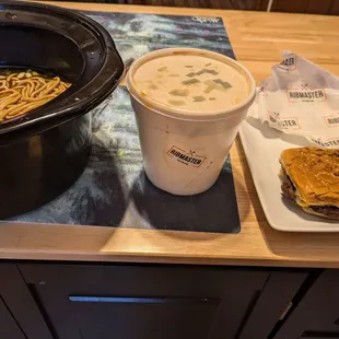 Yakamein and smoked cheeseburger