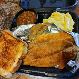 Sat -- fried fish with Mac and cheese, baked beans, and Texas toast
