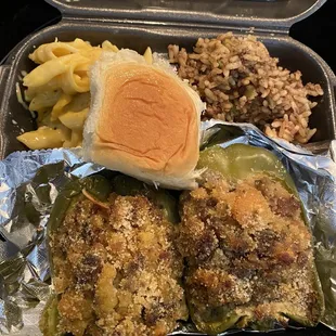 Stuffed bell peppers with mac-n-cheese &amp; dirty rice. Not a fan of the rice but those bell peppers are amazing!