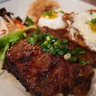 #55 Com Tam Dac Biet (Broken rice w/ pork chop, shallow fried crispy egg, shredded pork skin, bean curd wrapped shrimp)