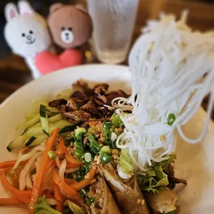 Noodle pull on #13: vermicelli with BBQ pork and spring rolls