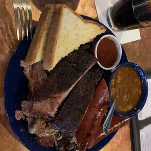 Combo platter. Ribs, brisket, hot links, and two sides!