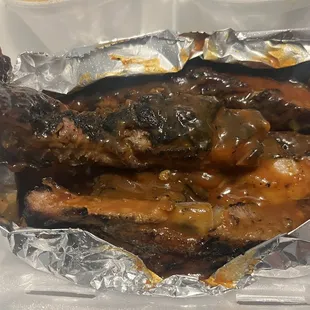  piece of meat wrapped in tin foil