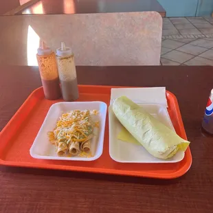 Carne asada burrito &amp; 3 Guacamole with Cheese Tacos