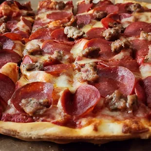 a pepperoni and sausage pizza