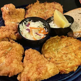 Breaded Cod with potato pancakes.