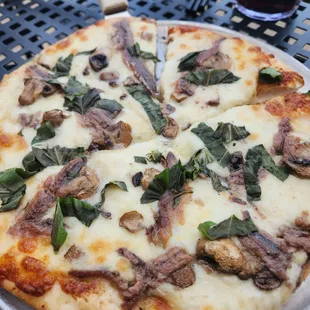 Basil! Anchovies! Mushrooms! White sauce! Exclamation marks!