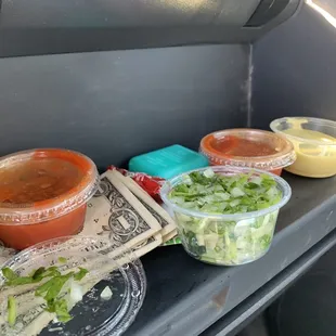 Salsas and onions and cilantro