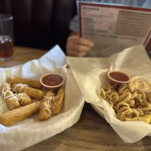 Fried mozzarella and fried calamari