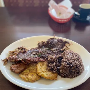 Vaca frita with Congris (mixed rice) and tostones