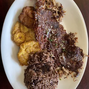 Vaca Frita with Congris (mixed rice) and Tostones