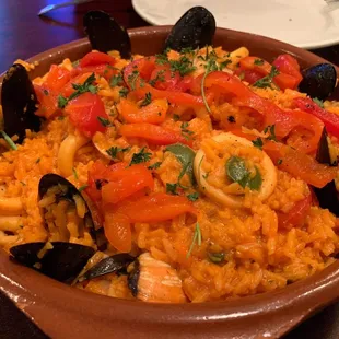 Layers of seafood paella