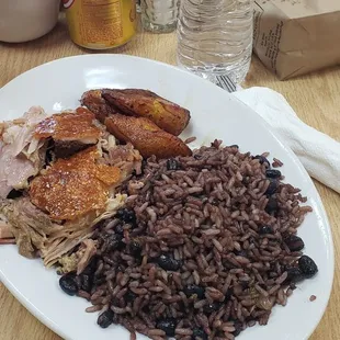 Pork, plantains and black rice