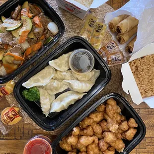 Egg Rolls, Steamed Dumplings,  Japanese beef Teriyaki, Sweet &amp; Sour chicken, Seasoned Rice and Steamed Rice