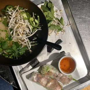 Beef Broth Pho Noode Soup with chicken and summer A2. Fresh Garden Rolls (2) with grilled pork