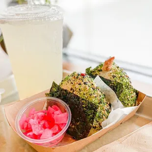 Chicken Teriyaki Onigiri Sweet and Spicy Bacon Avocado Onigiri Lychee Lemonade