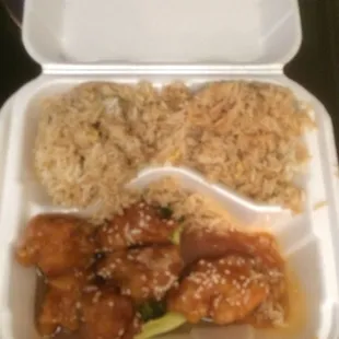 Lunch special of sesame chicken. Serve with a can of soda &amp; egg roll for $6.70.