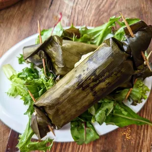 Botok tempe- egg tofu tempe souffle wrapped up in banana leaves