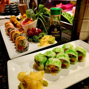 Sunny Isles Roll (comes with a seafood salad and veggie tempura &amp;  the Tuna wasabi roll (green roll)