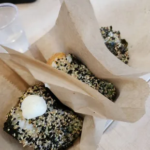 fried shrimp mayo, spicy salmon, shitake egg