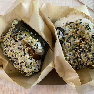 Pork belly rice ball (L) and spicy salmon rice ball (R)