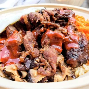 Mmmmm bap! Bibimbap- custom w/bulgogi, brown rice, hot sauce, and more. Just $12- what?!