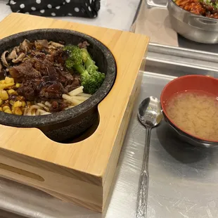 White rice w/ bulgogi, broccoli, corn, and bamboo. Got the Hot Stone option so my food would be warm