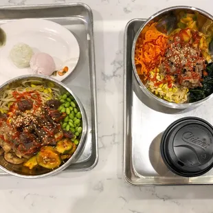 Green tea mochi, red bean mochi, Kalbi Bibimbap, Bulgogi Bibimbap, Korean coffee
