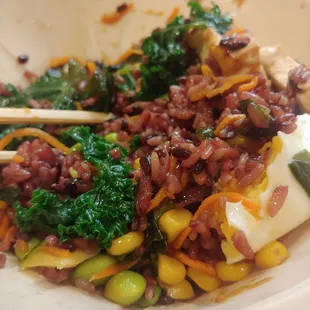 Black rice, tofu, egg, edamame, carrots, kale, etc