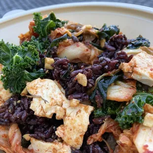 Design Your Own Bibimbap (kimchi, tofu, seaweed salad, mushroom, kale, peanut on black rice)