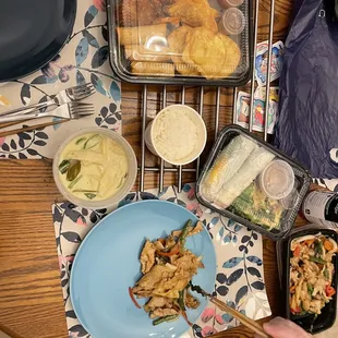 The sampler, green curry and drunken noodles. All delicious!