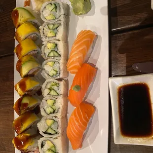 Mango Roll top, scallop roll middle, salmon sashimi sampler!!