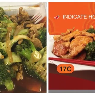 On the let is what you get (I asked for extra broccoli), on the right is the picture on the menu, not even close!