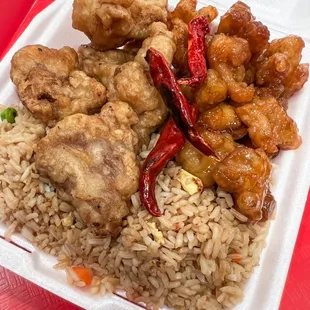 2 item combo with pork and orange chicken.