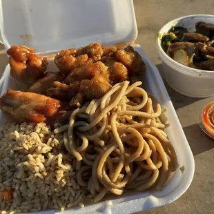 Mongolian beef, wings, orange chicken, fried rice and chow mein.