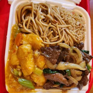2 item combo with half fried rice, half chow mein, fish filet in curry, Mongolian beef