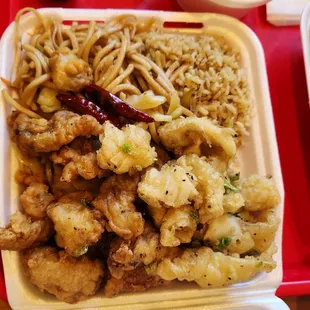 Three item combo with (from L to R) Fried pork chop, calamari, and beef broccoli. Got the half and half chow mein and fried rice