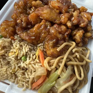 Orange chicken, rice, chow mein plate