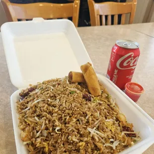 Special fry rice with extra bean sprouts and veg crispy rolls.