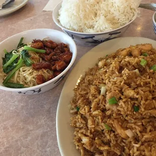 Fried rice and chicken noodle soup