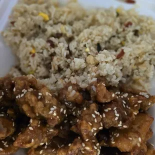 Orange chicken + bacon fried rice.