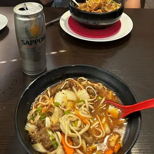 Spicy Beef Raman with Bibimbap in background