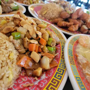 a variety of asian food on plates